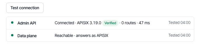 The connection test result. The Admin API line says connected, with the gateway's version marked verified. The gateway address line says reachable.