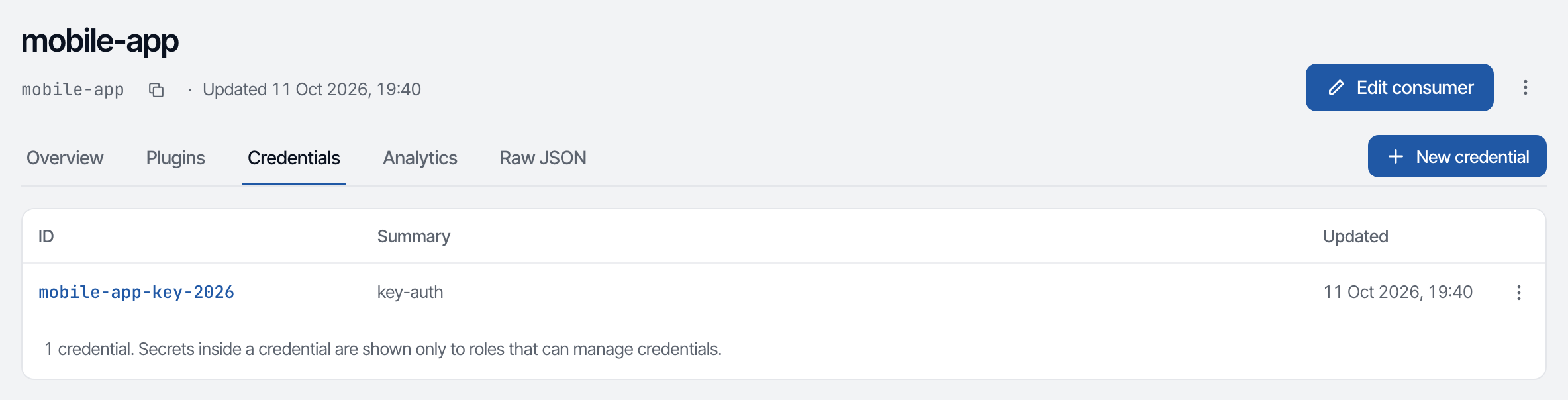 The Credentials tab of mobile-app, listing both credentials.