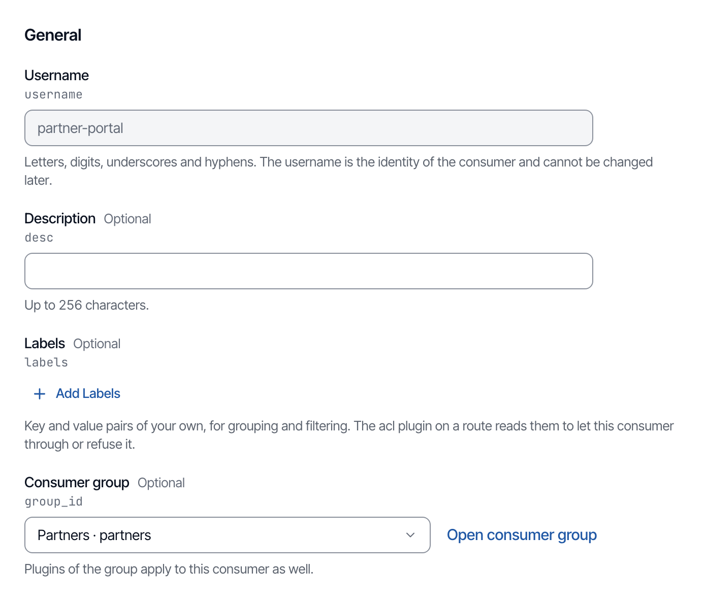 The Edit consumer form of partner-portal, with the consumer group Partners picked.