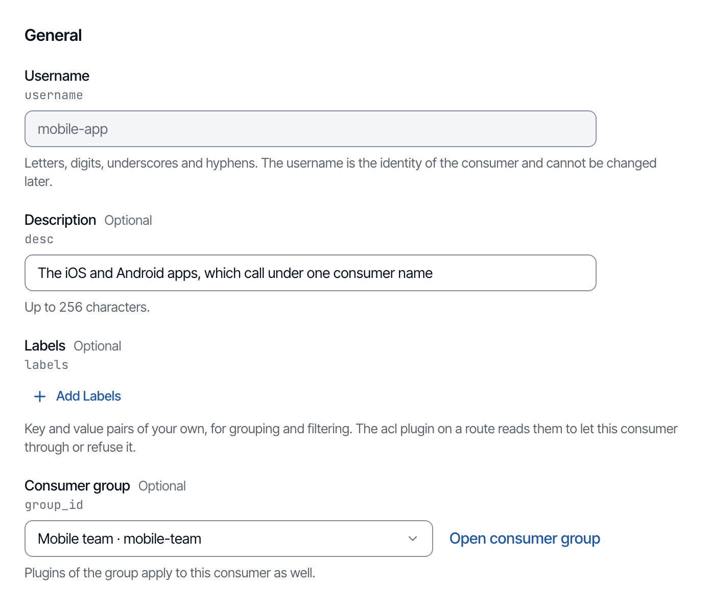The Edit consumer form of mobile-app, with the consumer group mobile-team picked.