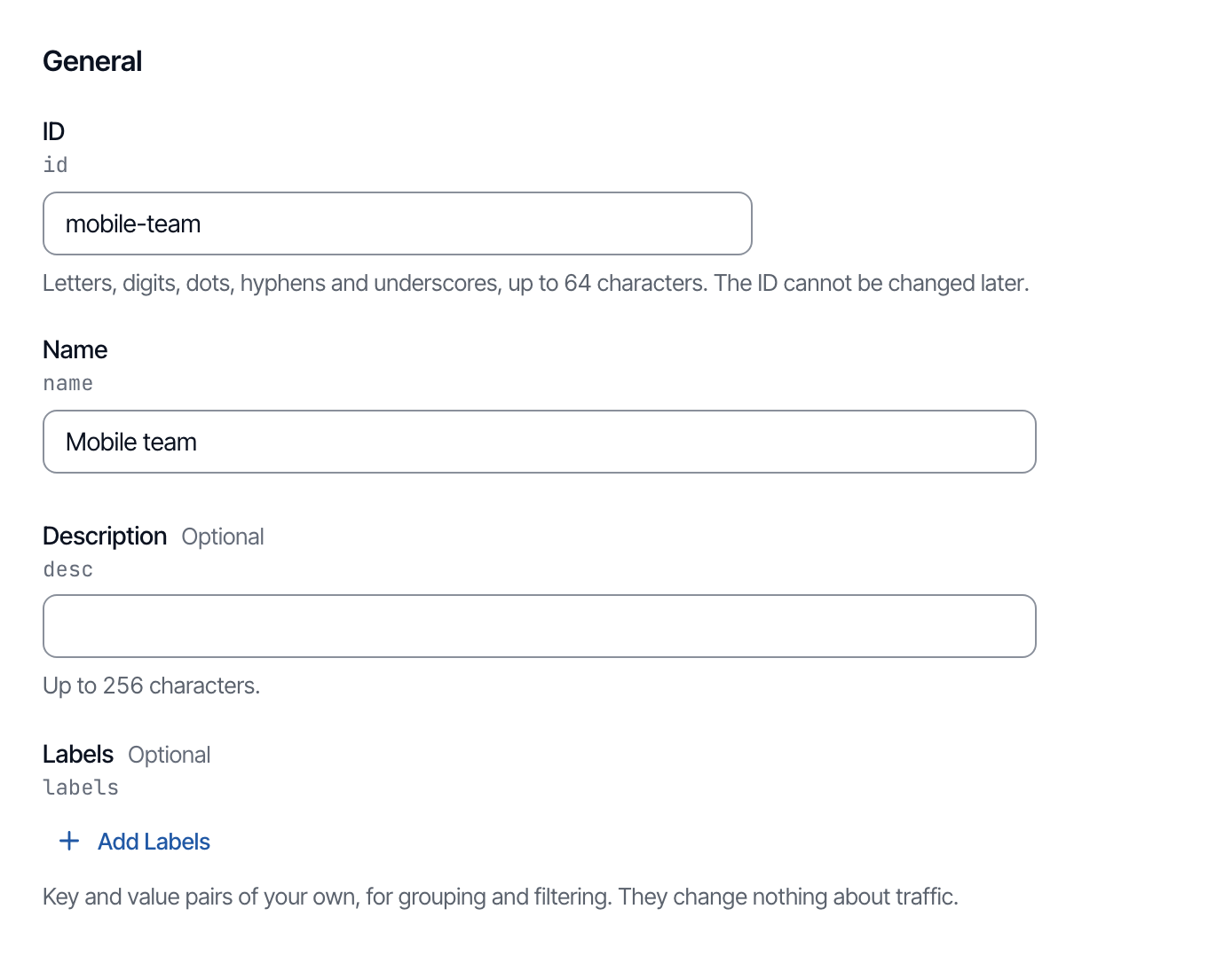 The General section of the new-consumer-group form, with the ID mobile-team and the name Mobile team filled in.