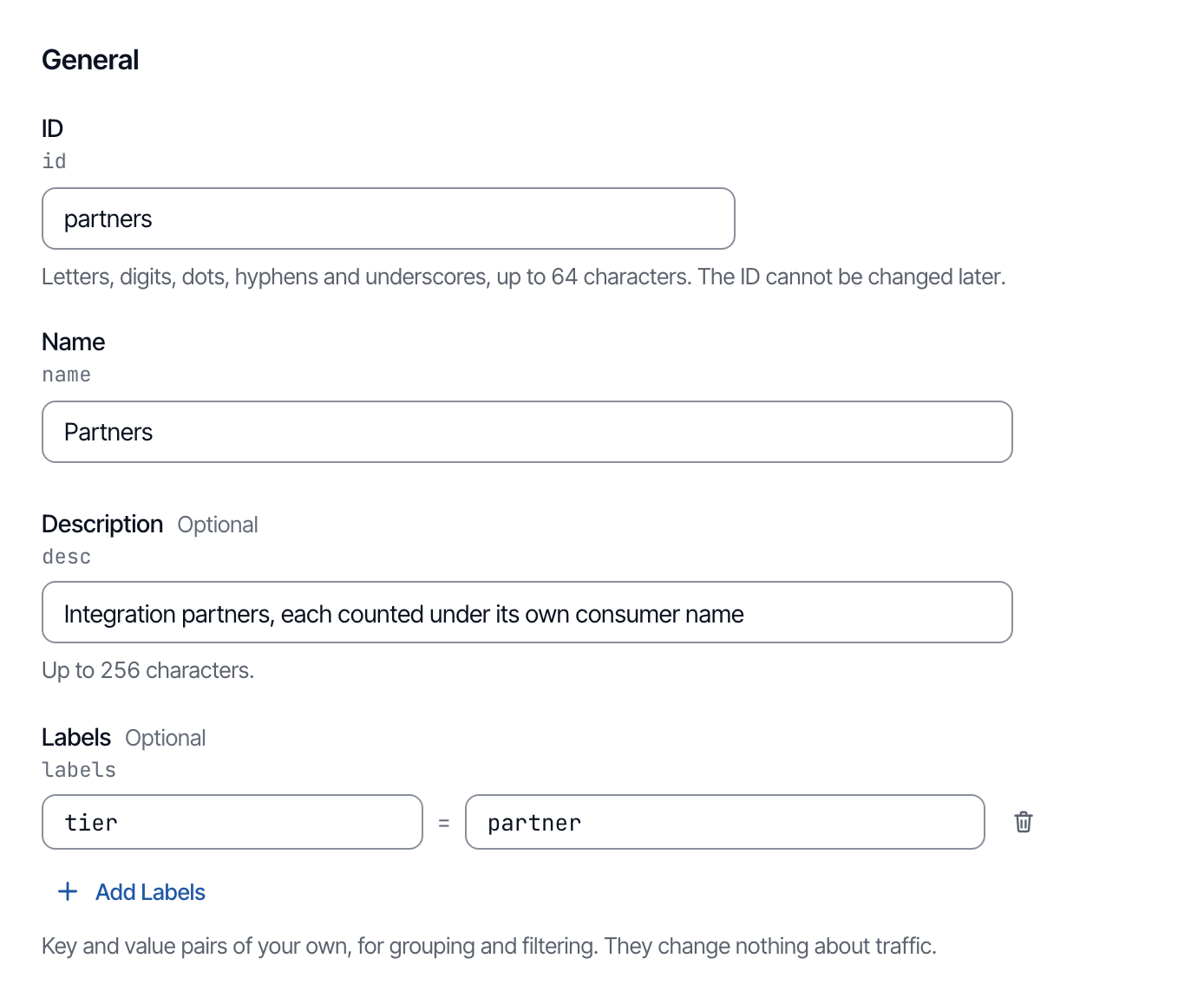 The General section of the new-consumer-group form, with the ID partners and the name Partners filled in.