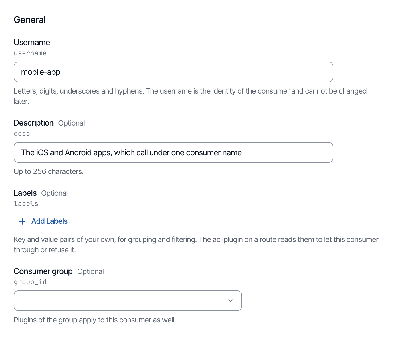 The General section of the new-consumer form, with the username mobile-app and a description filled in.