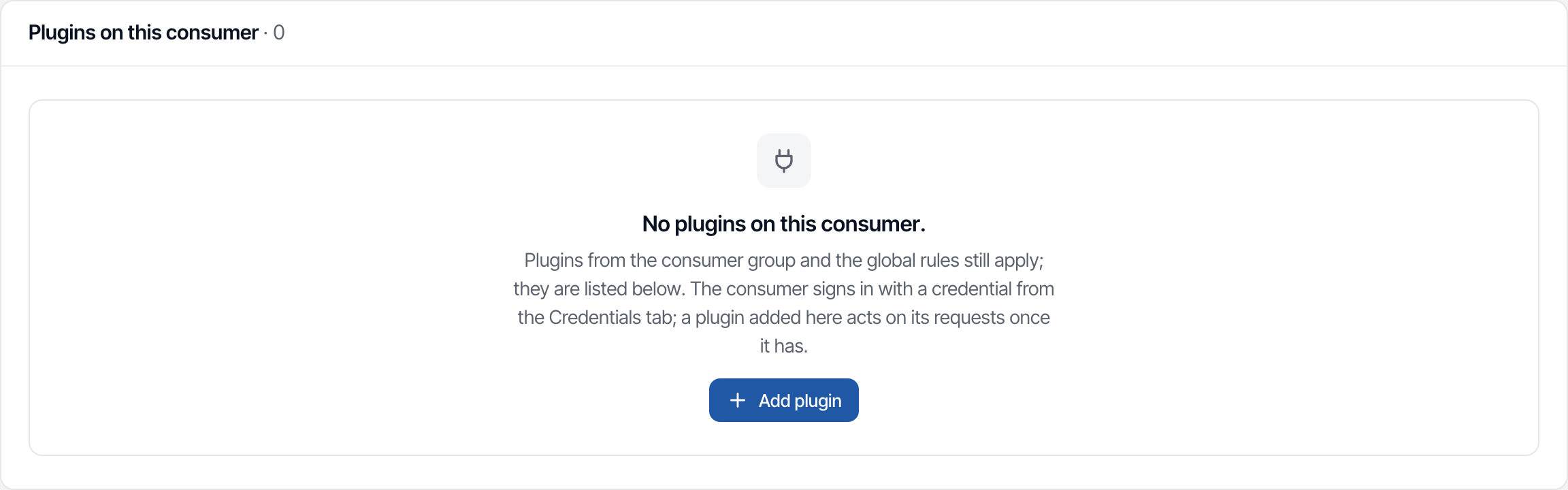 The Plugins tab of the consumer, with no plugin yet and the Add plugin button at the top right.
