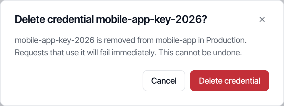 The delete dialog for the credential mobile-app-key-2026.
