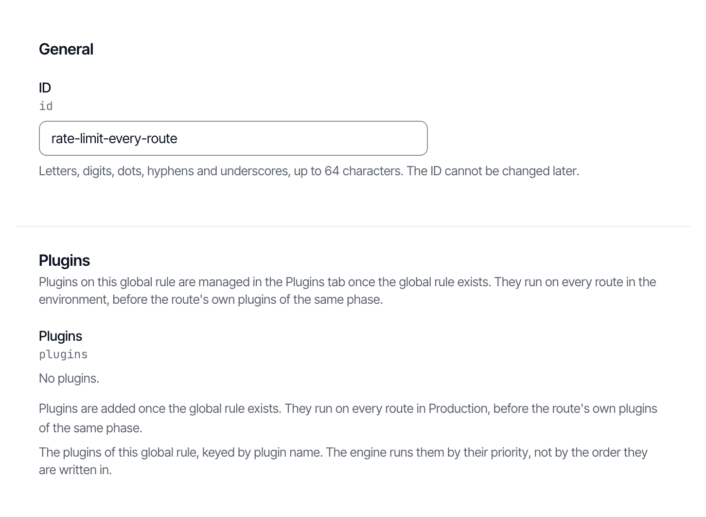 The General section of the new-global-rule form, with the ID rate-limit-every-route filled in.
