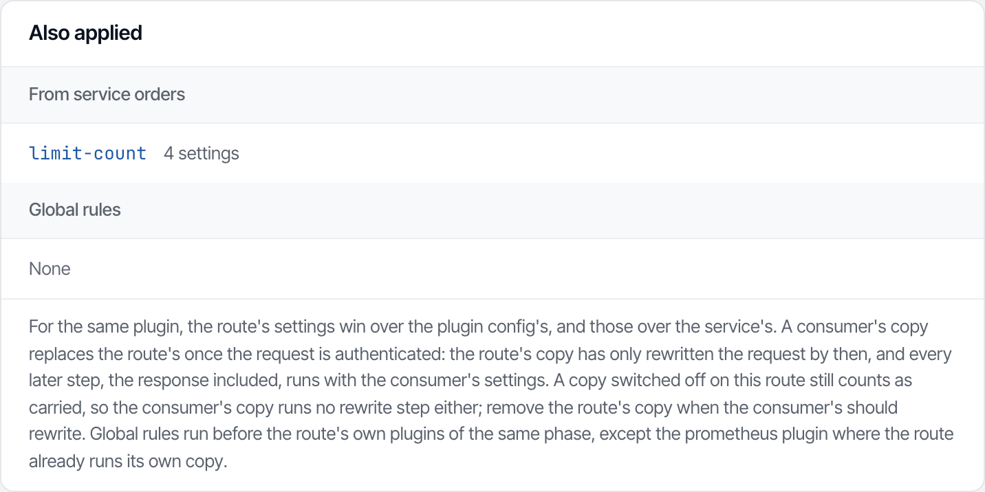The Plugins tab of orders-api, with the Also applied card listing limit-count from the service orders.
