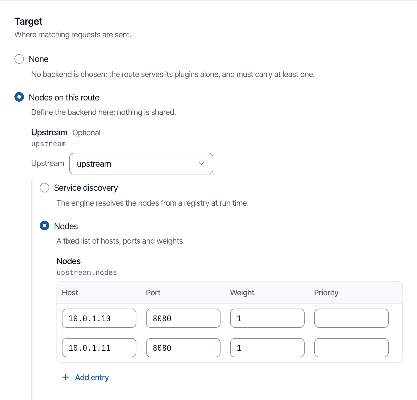 The Target section of the new-route form, with Nodes on this route chosen and the two backend nodes filled in.