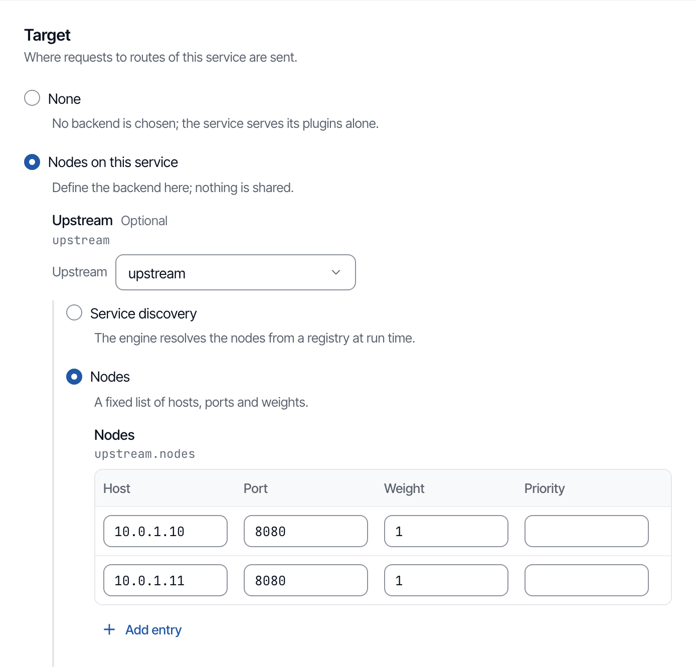 The Target section of the new-service form, with Nodes on this service chosen and the two backend nodes filled in.