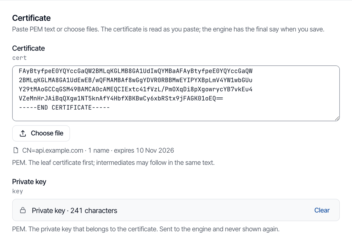 The Certificate section of the new-certificate form, with a certificate pasted and its summary shown.