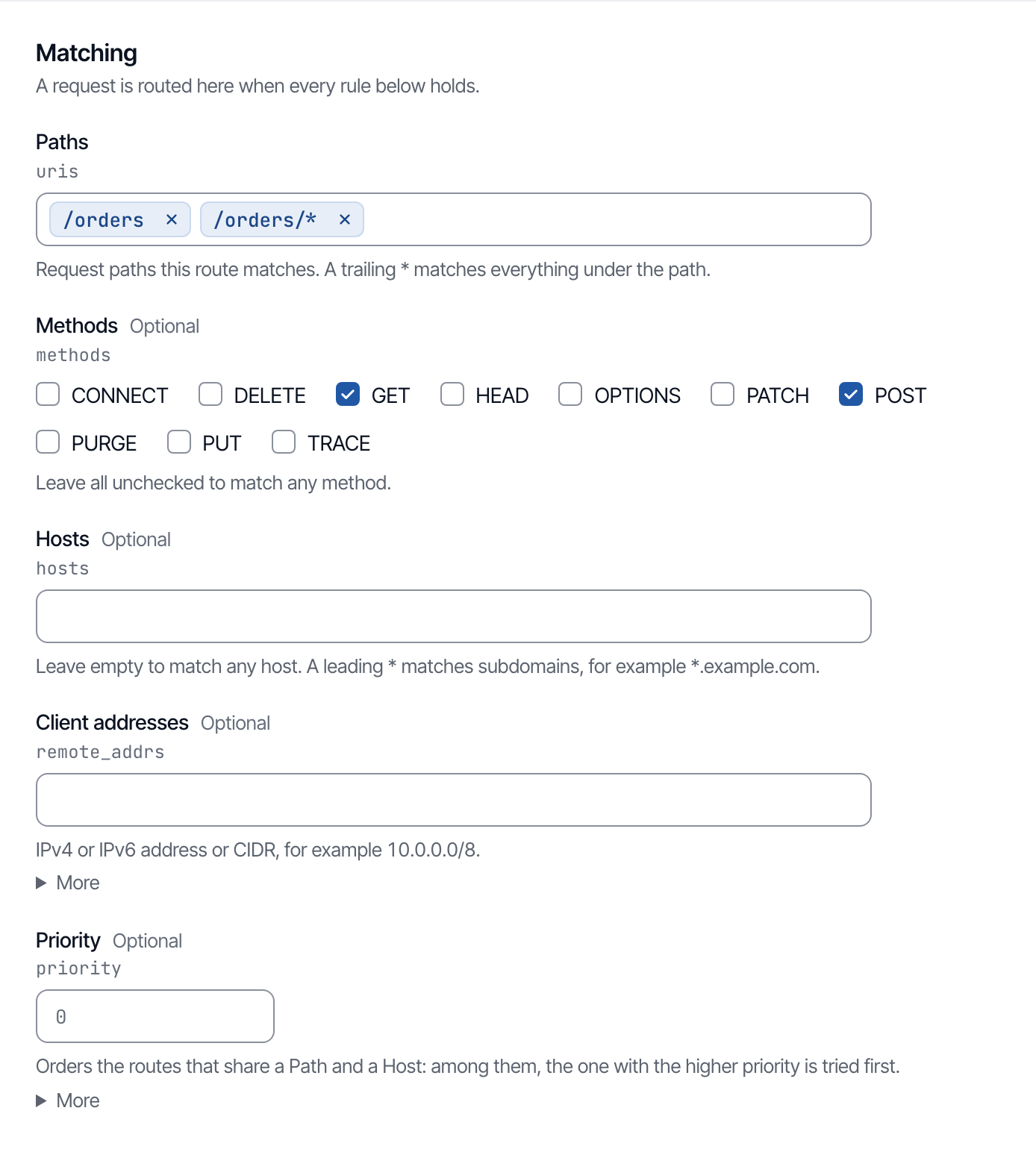 The Matching section of the console's New route form, filled with this example.