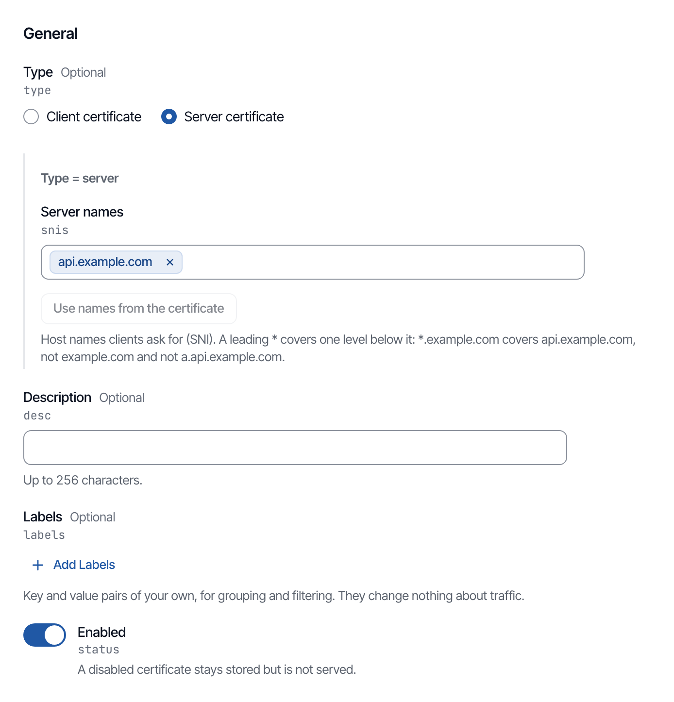 The General section of the console's New certificate form, filled with this example.