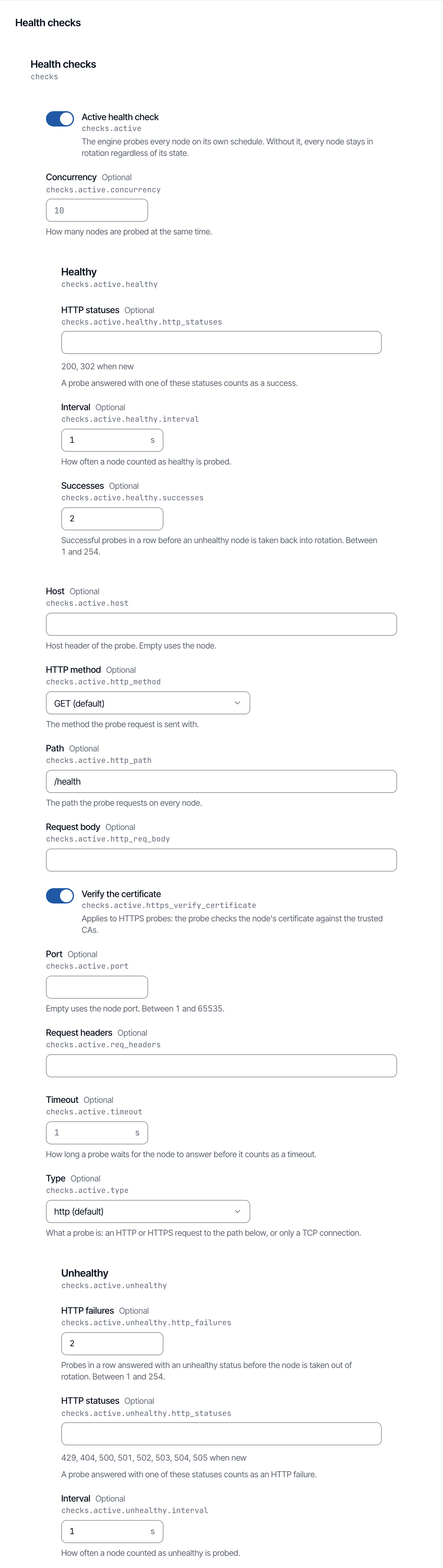 The Health checks section of the console's New upstream form, filled with this example.