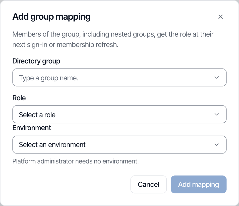 The Add group mapping dialog: the directory group to search, the role, the environment and the Add mapping button.