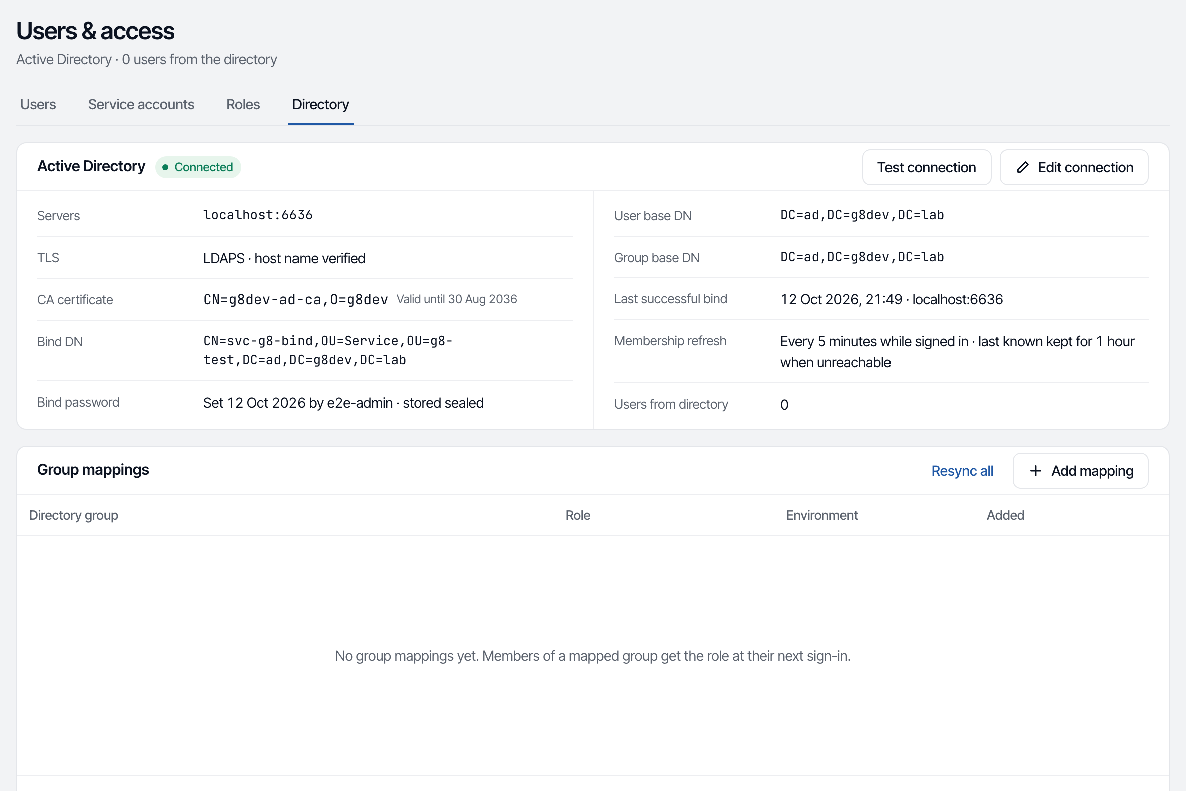 The Directory tab with a connected directory: the card with the servers, TLS, CA, bind account and base DNs on the left, the last bind, the refresh and the user count on the right, and the group mappings table below.