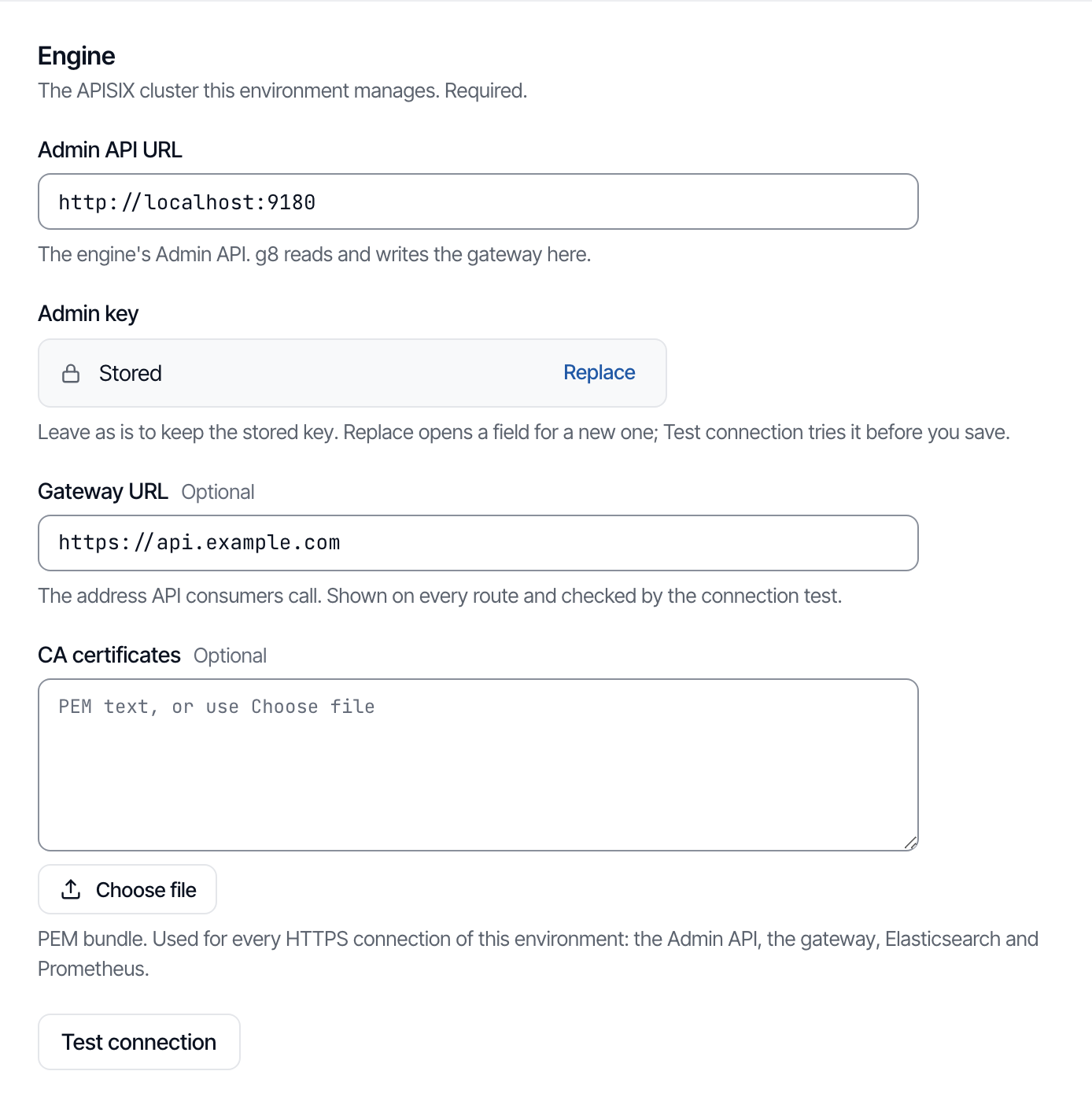 The Engine section of the environment form: the Admin API address, the admin key kept sealed, and the Gateway URL.