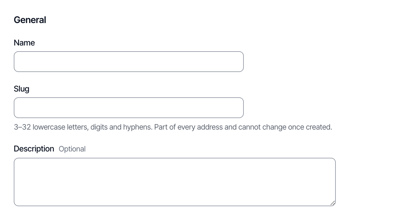 The General section of the new environment form: the name and the slug.