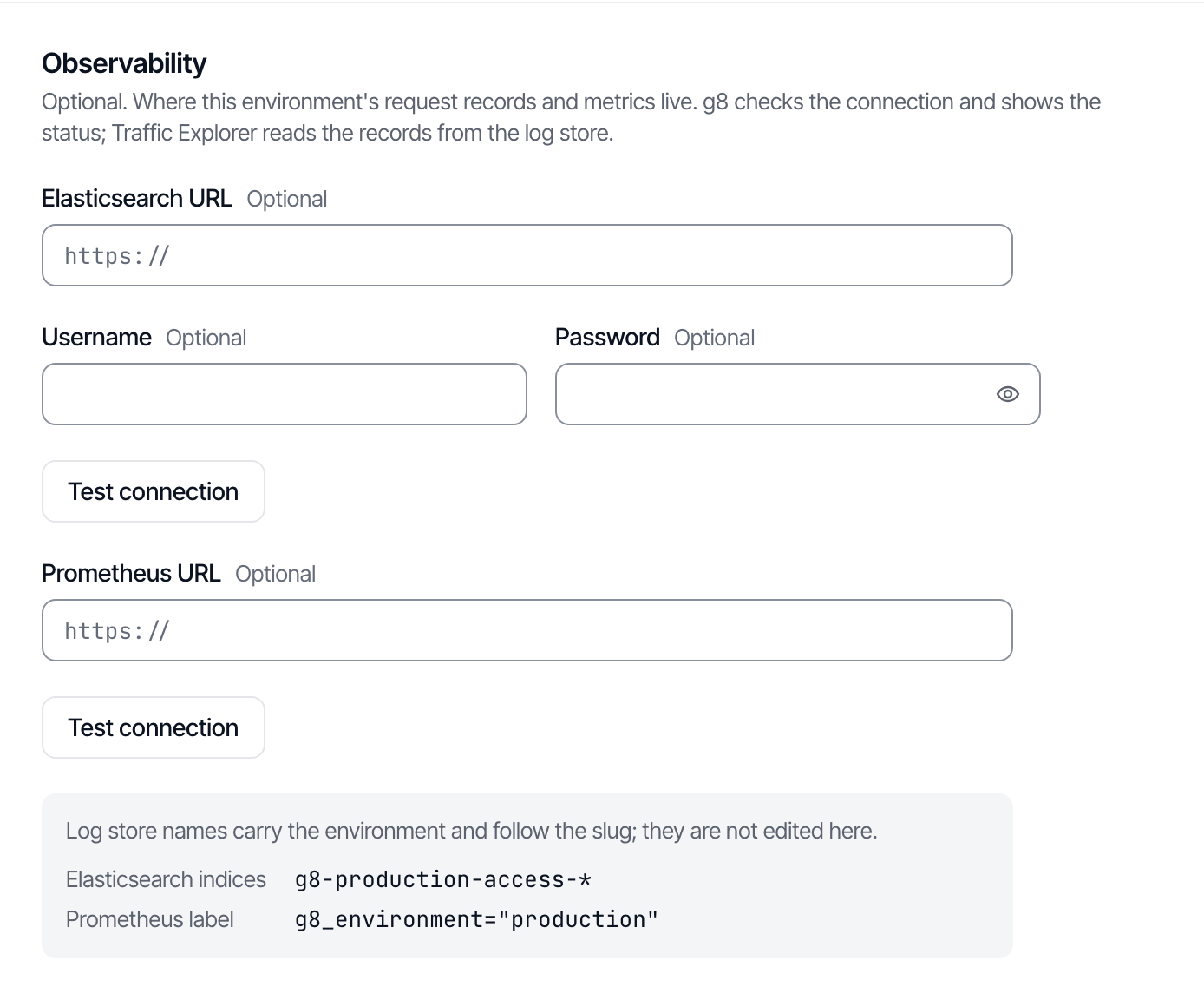 The Observability section of the environment form: the log store address with its account and the Prometheus address.