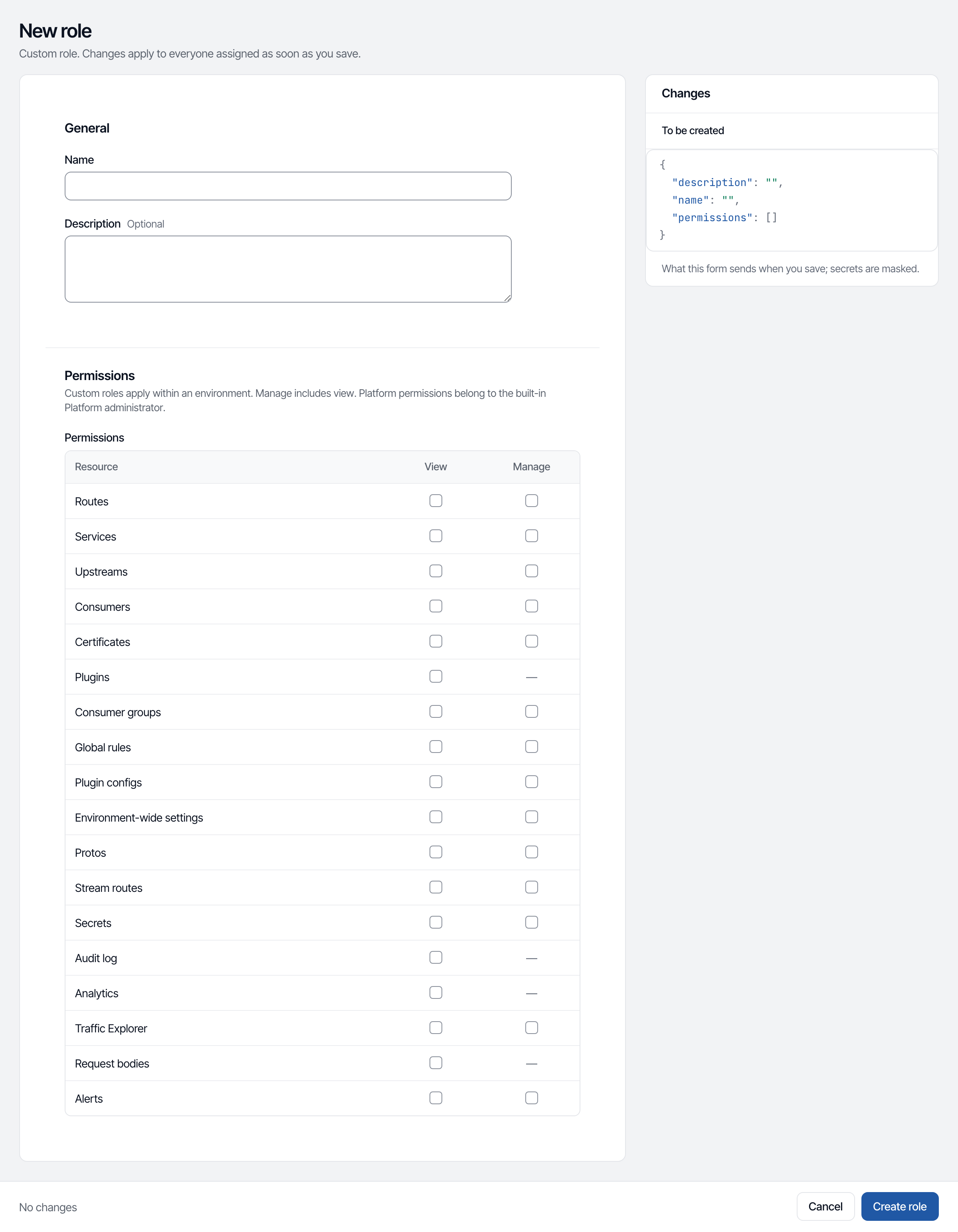 The new role form: the name and description, then the permission grid with a view and a manage choice per kind of object.