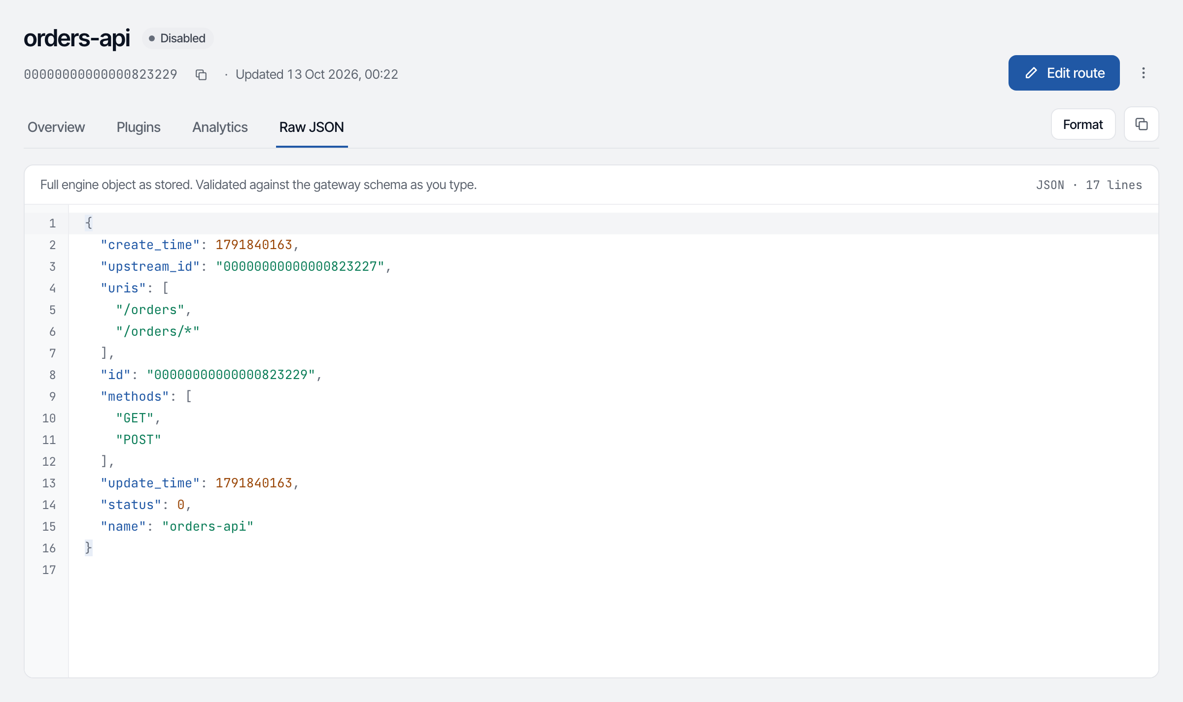 The Raw JSON tab of a route: the object as the gateway stores it, in an editor with Format and Copy, and the Save bar below.
