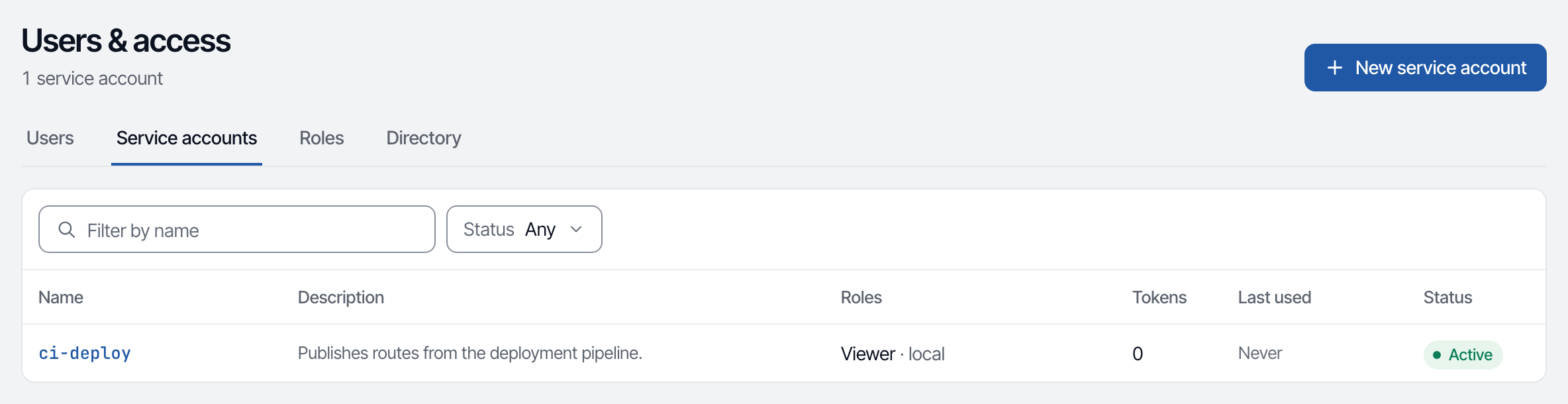 The Service accounts tab with one account listed: its name, description, roles, tokens, last use and status.