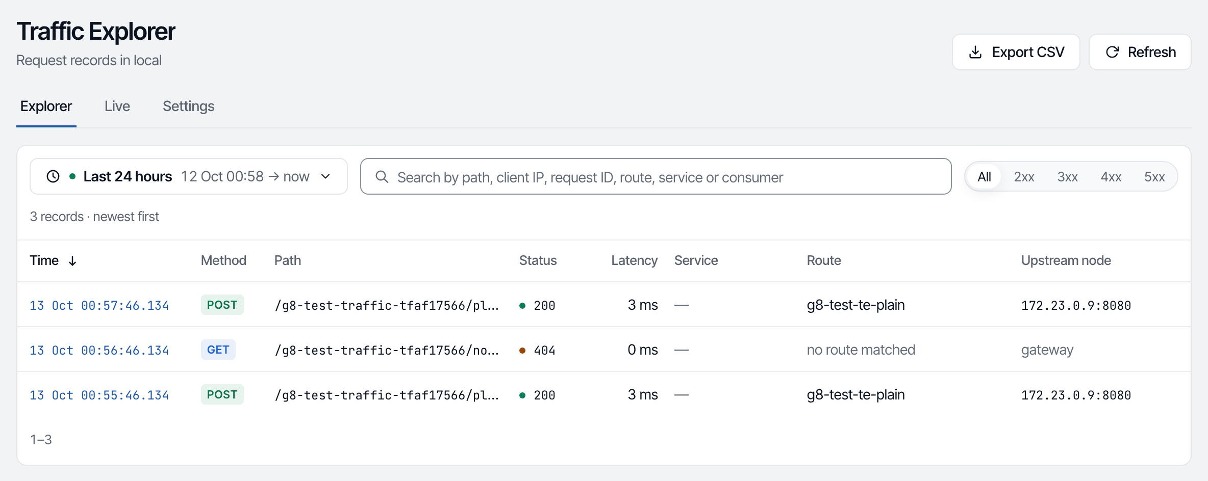 Traffic Explorer of an environment: the time range, the search box, the status filter and the table of records with time, method, path, status, latency, service, route and upstream node.