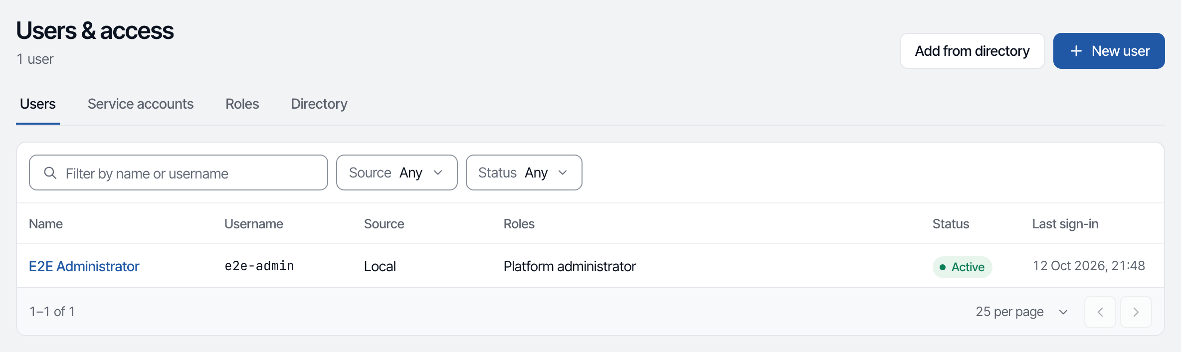 The Users tab of Users and access, with the list of people, the New user button and Add from directory.