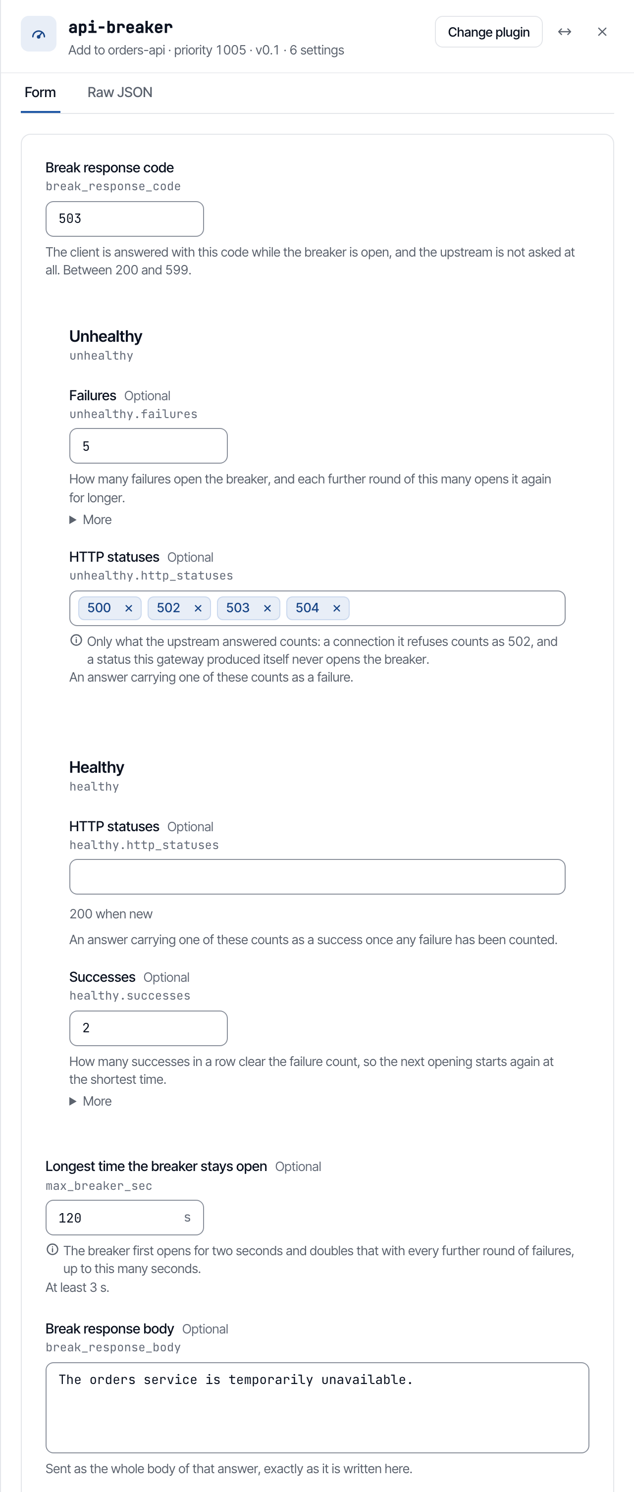 The Add api-breaker panel with the status codes that count as failures, the number that opens the breaker and the answer while it is open.