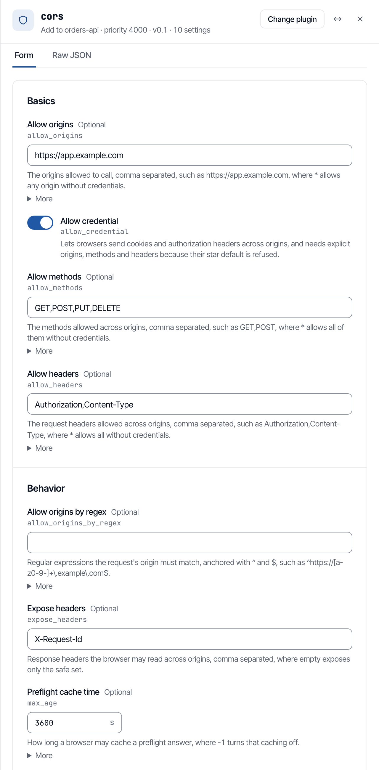 The Add cors panel with the web app's origin, the methods and headers it may use, and credentials allowed.