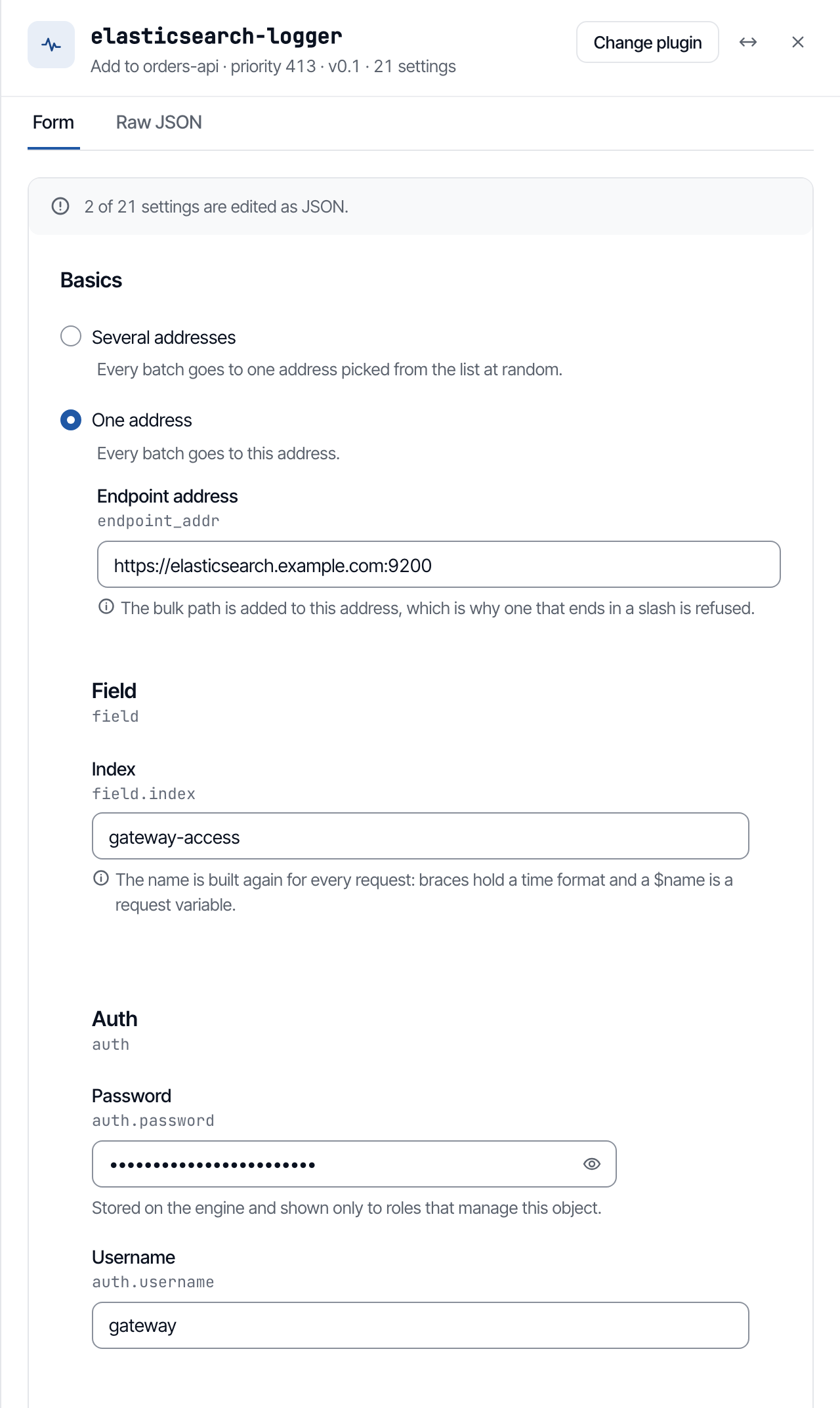 The console's Add plugin panel, filled with this example.