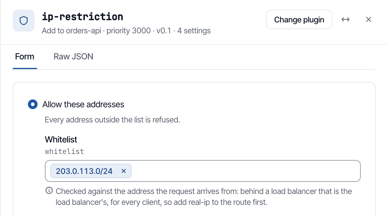 The Add ip-restriction panel with the partner network in the allow list.