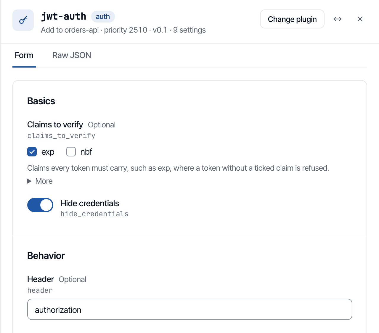 The Add jwt-auth panel with the header the token arrives in, expiry checked and the token hidden from the backend.