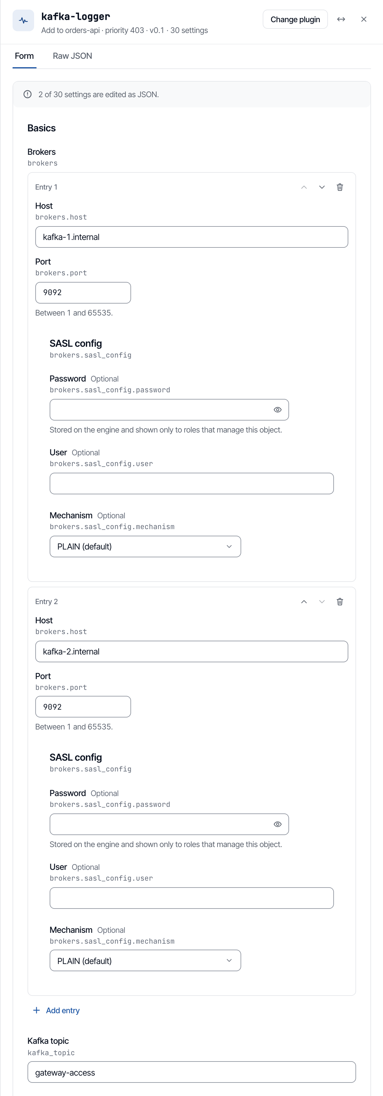 The Add kafka-logger panel with the two brokers and the topic filled in.