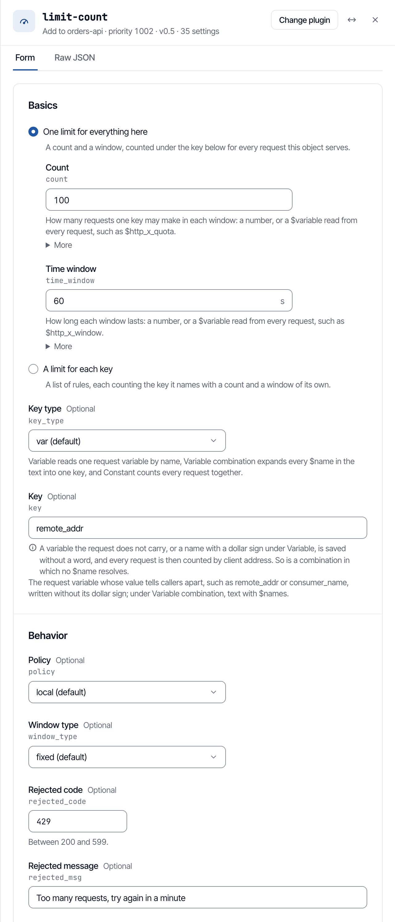 The Add limit-count panel with the count per minute and the client address as the key.