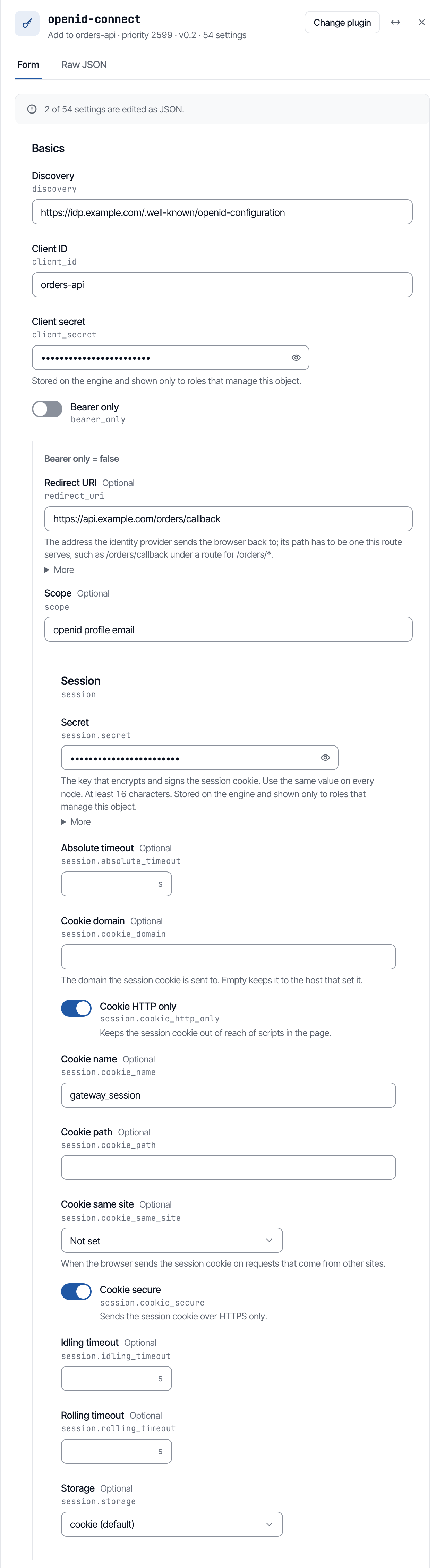 The Add openid-connect panel with the provider's discovery address, the client and a cookie session.