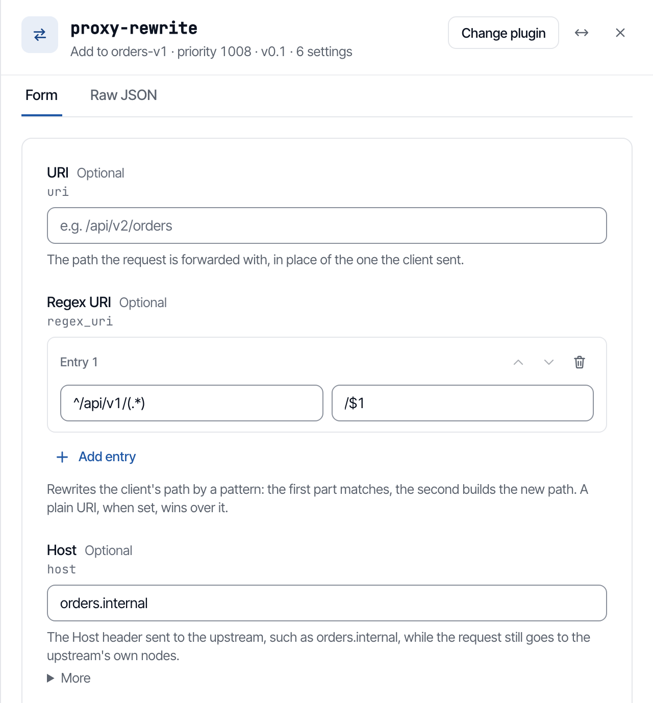 The Add proxy-rewrite panel with the prefix to strip and the host the backend sees filled in.