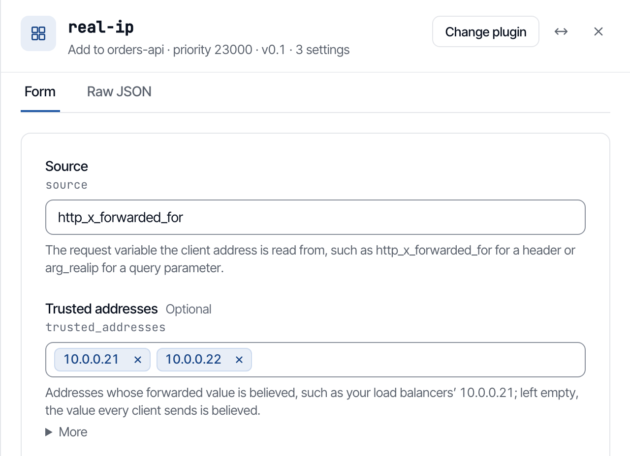 The Add real-ip panel with the forwarded header named and the two load balancers listed as trusted addresses.