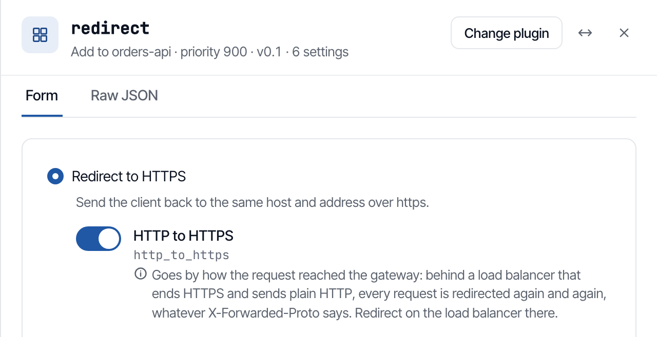 The Add redirect panel with the HTTP to HTTPS switch on and the status code chosen.