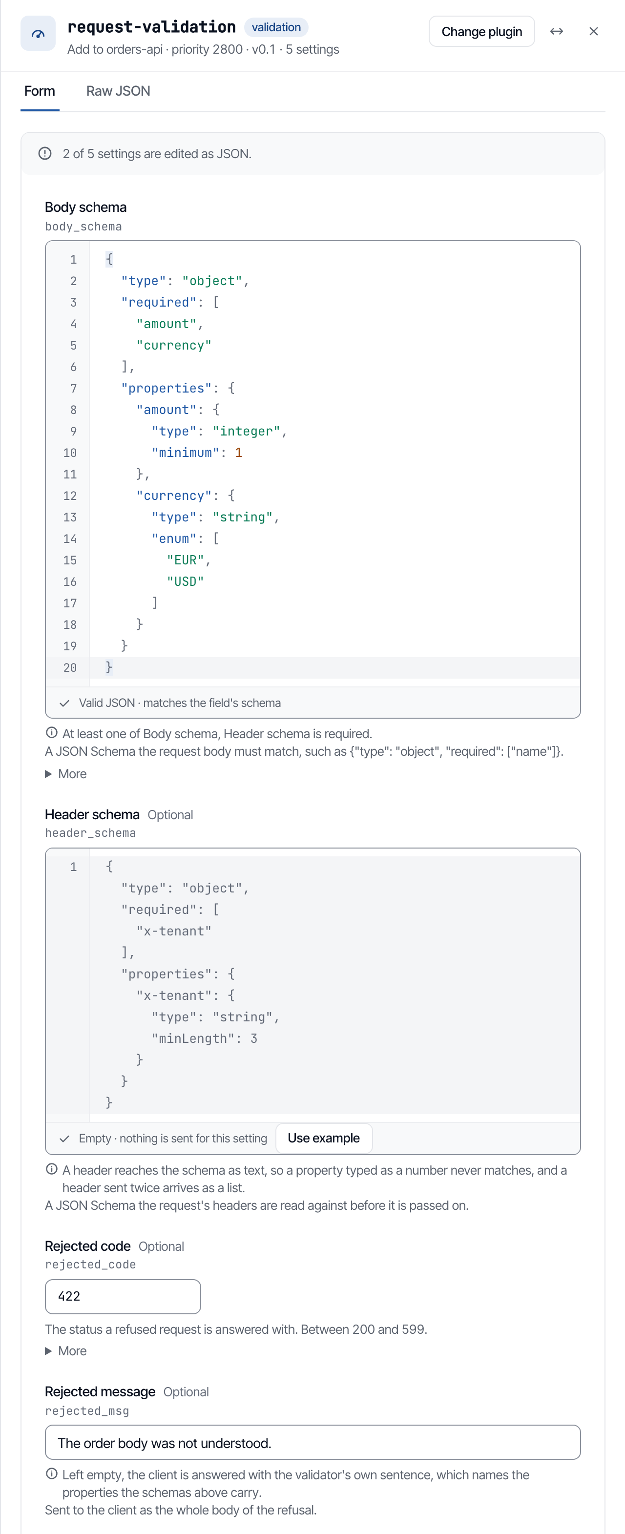 The Add request-validation panel with the JSON Schema an order body has to match.