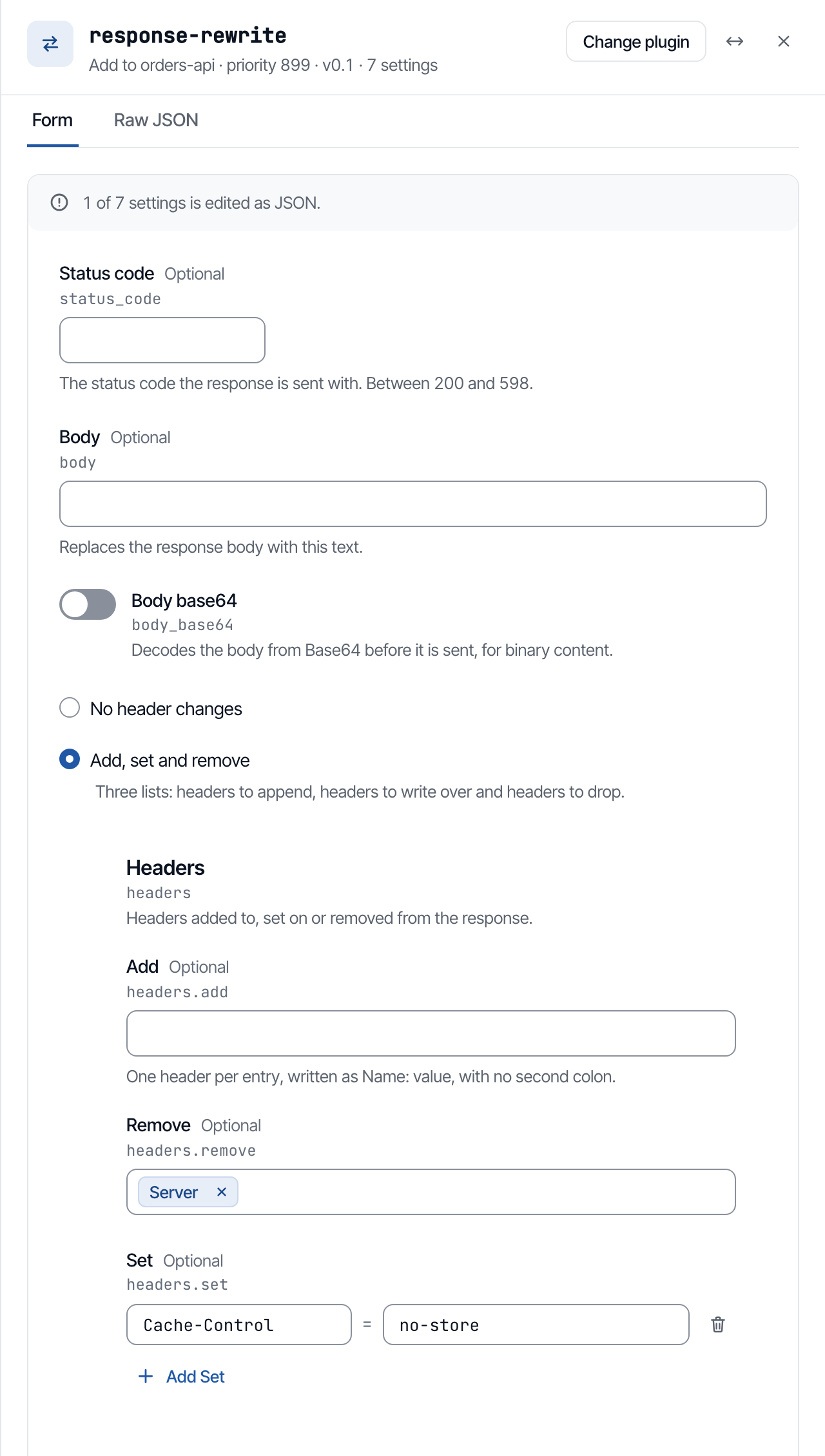 The Add response-rewrite panel with the Server header removed from every answer.